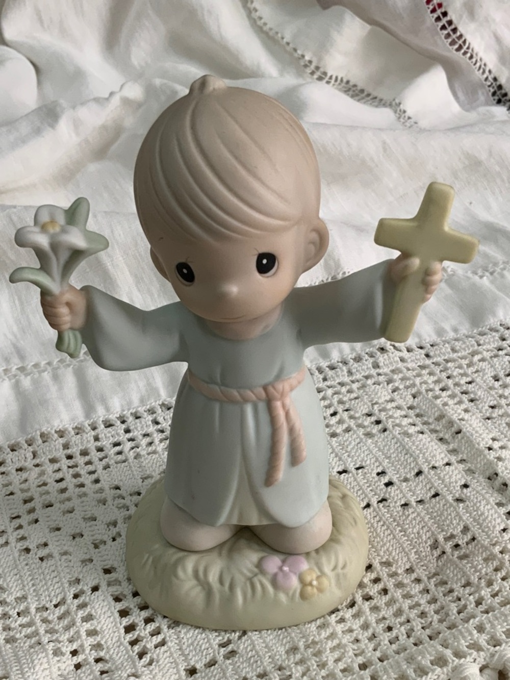 Precious Moments Figurine in Cream, Pale Blue and Soft Pink